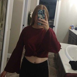 Maroon cropped sweater with flowy sleeves